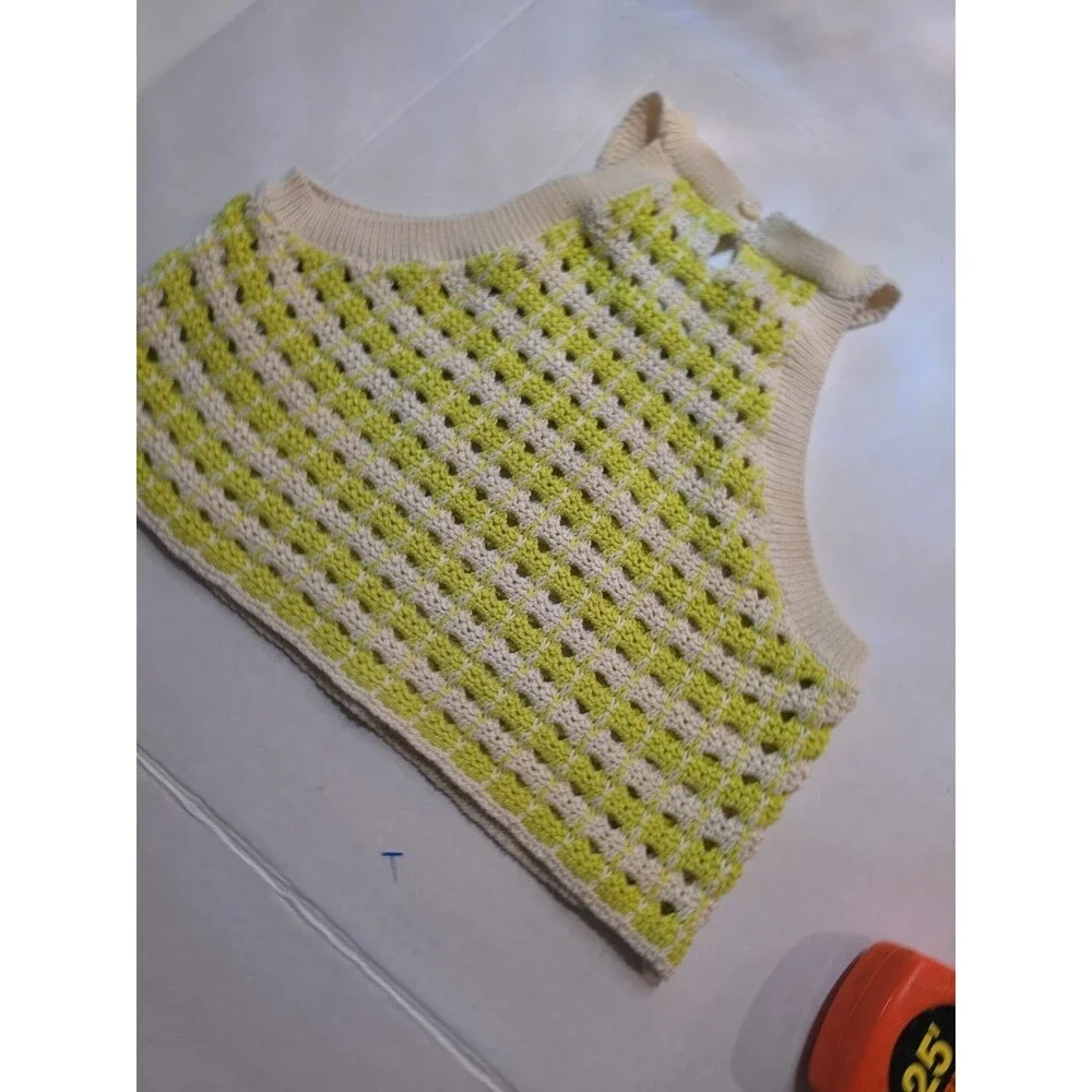 Zara Kids Girls Open Crochet Knit Halter Boho Top Lime Green & Cream Size 13-14